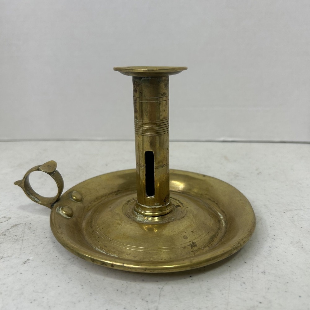 Vintage Brass Chamberstick Candlestick Holder Finger Loop Handle Saucer Base